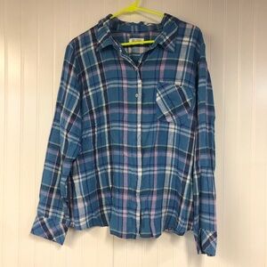Candace Cameron Bure Blue and Pink Plaid Button-Up Shirt Long Sleeve Large